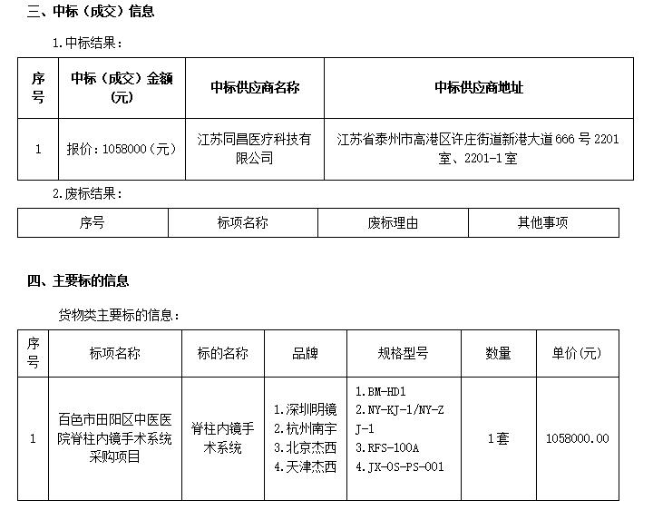 广西国泰招标咨询有限公司关于百色市田阳区中医医院脊柱内镜手术系统采购项目（BSZC2025-J1-210101-GTZB）成交结果公告